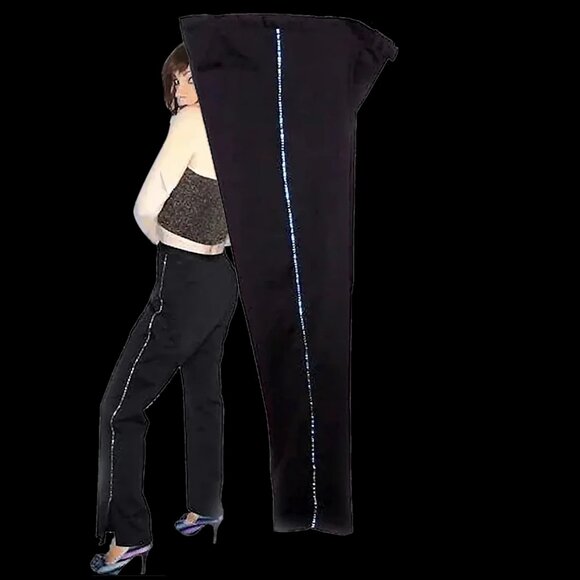 Black Satin Stretch Pants with Rhinestones, Boot Cut Bougie Evening Glam 90s - Picture 3 of 16